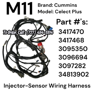3417468 M11 Cummins® Celect® Plus Injector Harness & Sensor Harness (External Wiring Harness for ECM Port A and Port C) (3417470 is same harness and may ship instead depending on whats in stock.)To Order Call: 727-494-5514 3417468 Cummins M11, M11, M11 ECM, CelectPlus, Celect Plus, Select harness, Select Plus, M11 Wiring Harness, M11 Celect Plus Wiring Harness. Celect Plus Engine Harness, m11 harness, wiring for m11, harness for m11, engine harness for m11, sensor harness m11, m11 sensor harness, m11 injector harness, injector harness m11, m11 misfire, m11 ecm repair, m12 ecm, m11 ecm wiring, m11 motor harness, 3417470